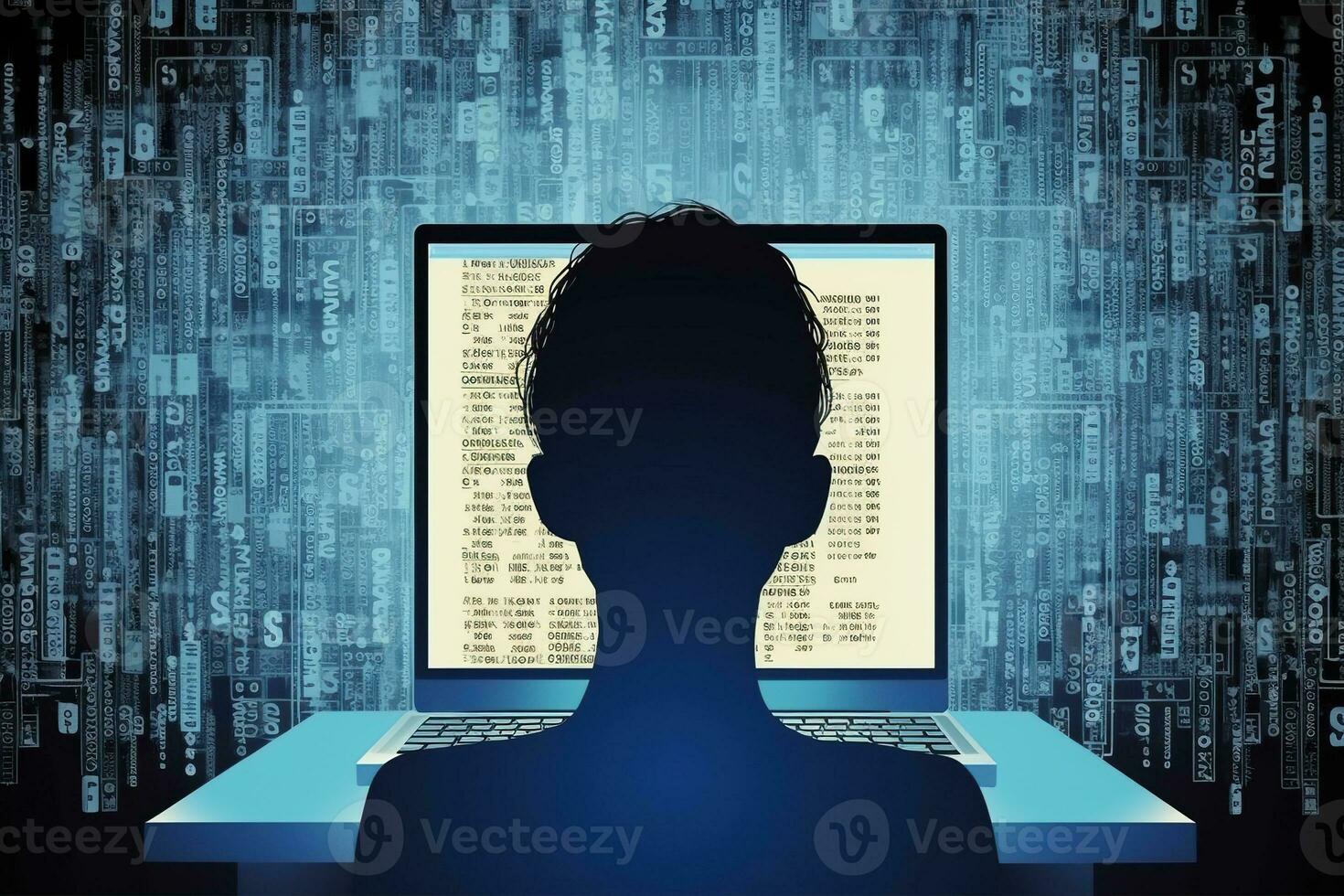 Hacking and malware concept. Silhouette of a man sitting in front of a monitor with a binary code. Generated by artificial intelligence photo