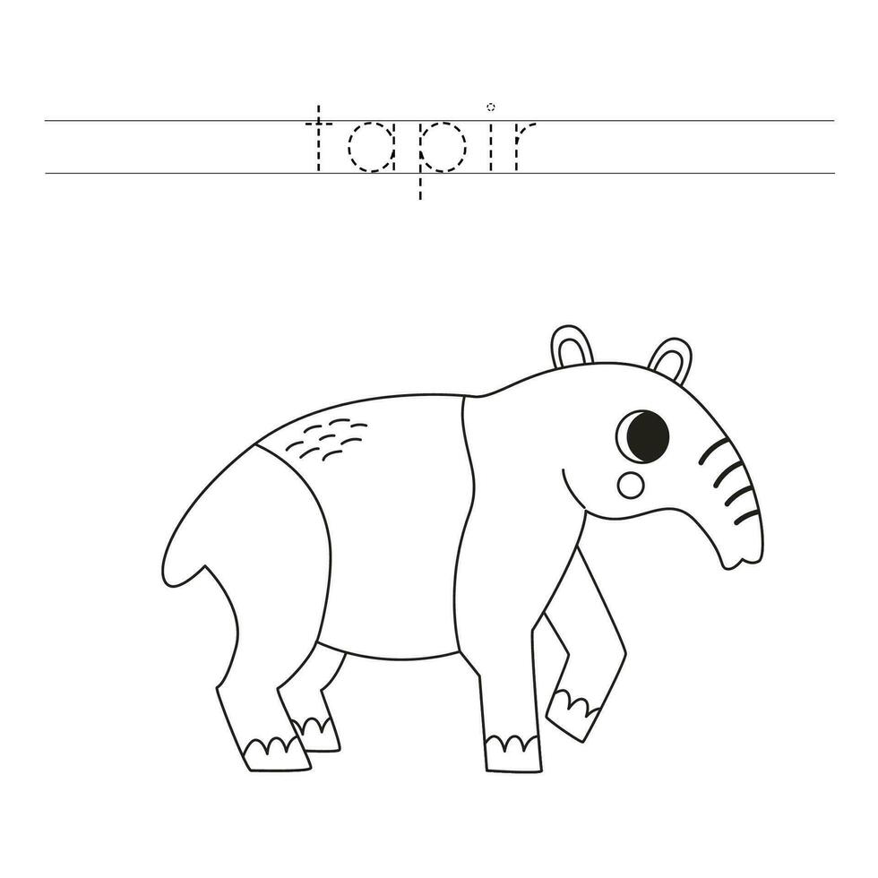 Trace the letters and color tapir. Handwriting practice for kids. vector