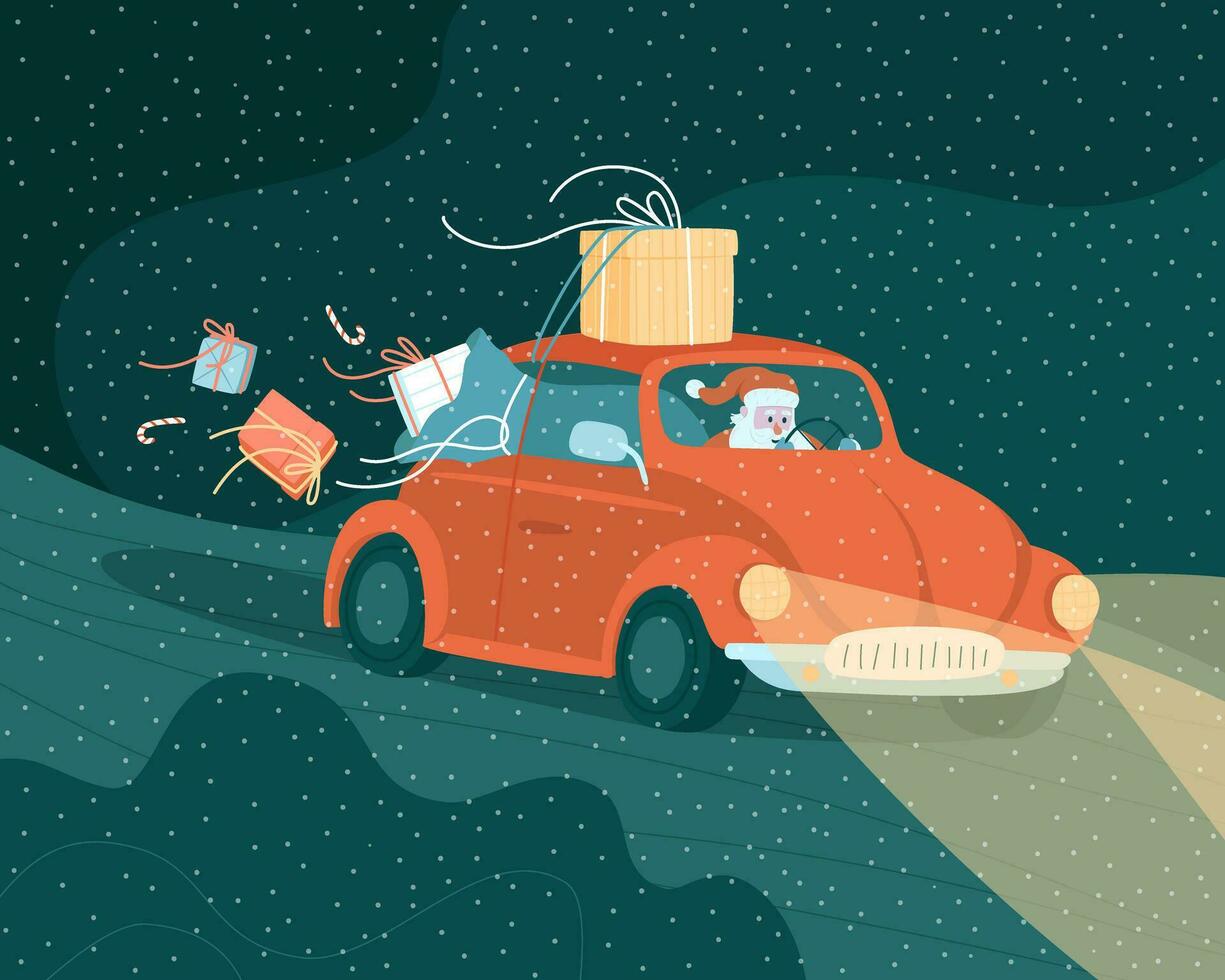 Santa Claus is in a hurry in a red car, losing gifts vector