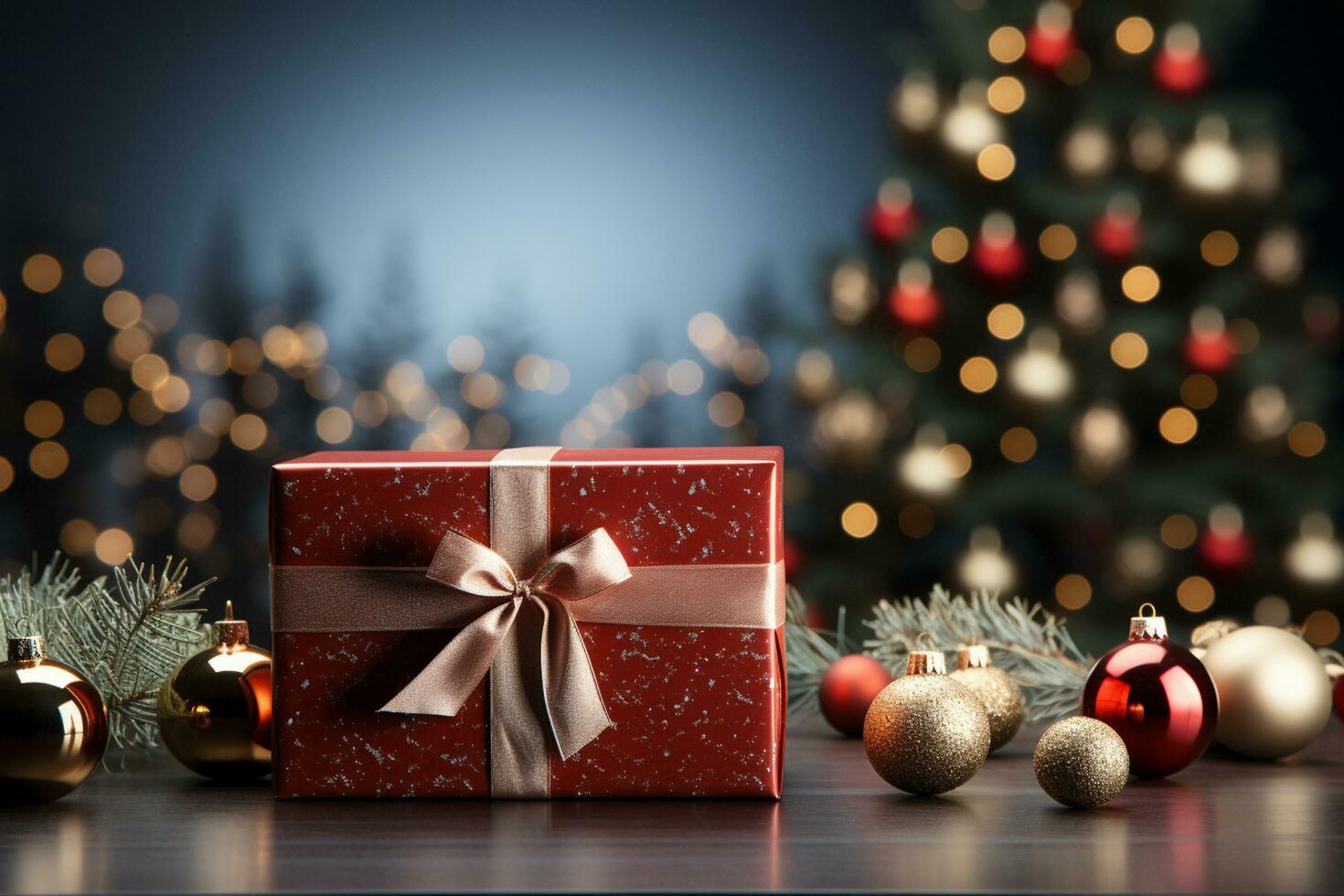 ai generativo antecedentes de Navidad árbol y rojo regalo caja en un Navidad vacío antecedentes con Copiar espacio foto