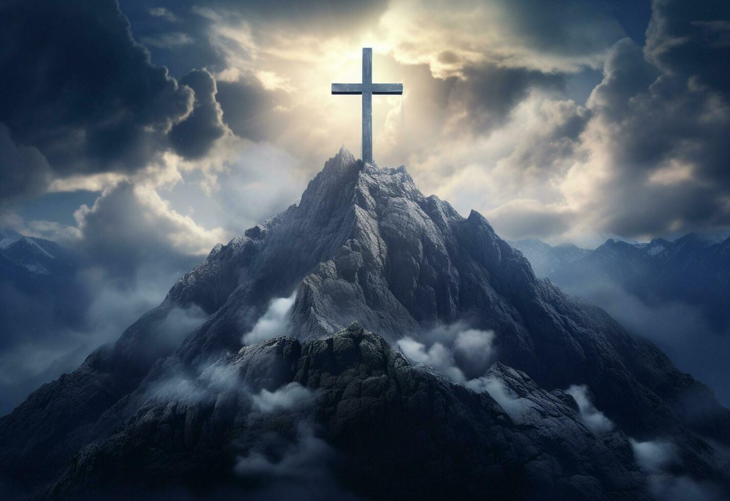 Ai Generative A stunning landscape silhouette with a crucifix at its center, symbolizing the resurrection of Jesus and the Christian faith. The beautiful mountain scenery, the vibrant sky. photo