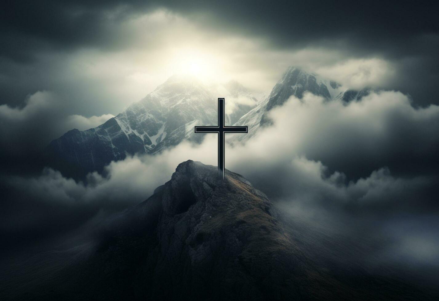 Ai Generative A stunning landscape silhouette with a crucifix at its center, symbolizing the resurrection of Jesus and the Christian faith. The beautiful mountain scenery, the vibrant sky. photo