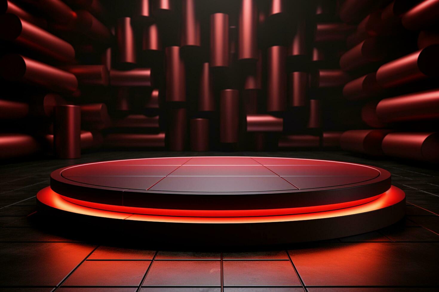 Ai Generated photo red light round podium and black background for mock up realistic image