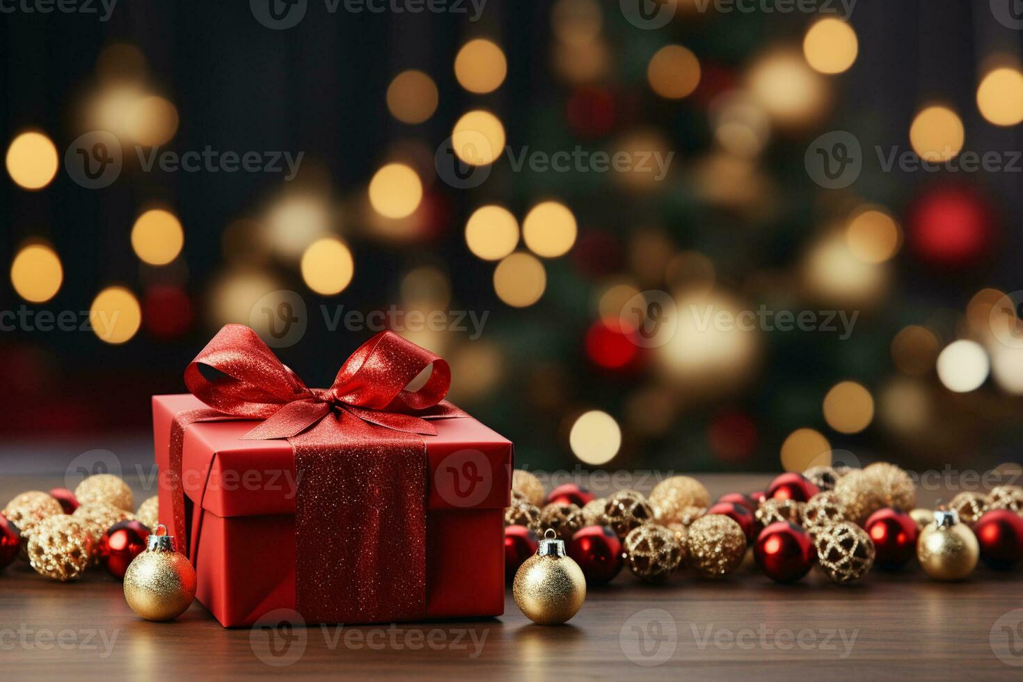 Ai Generative Background of christmas tree and red gift box on a christmas empty background with copy space photo