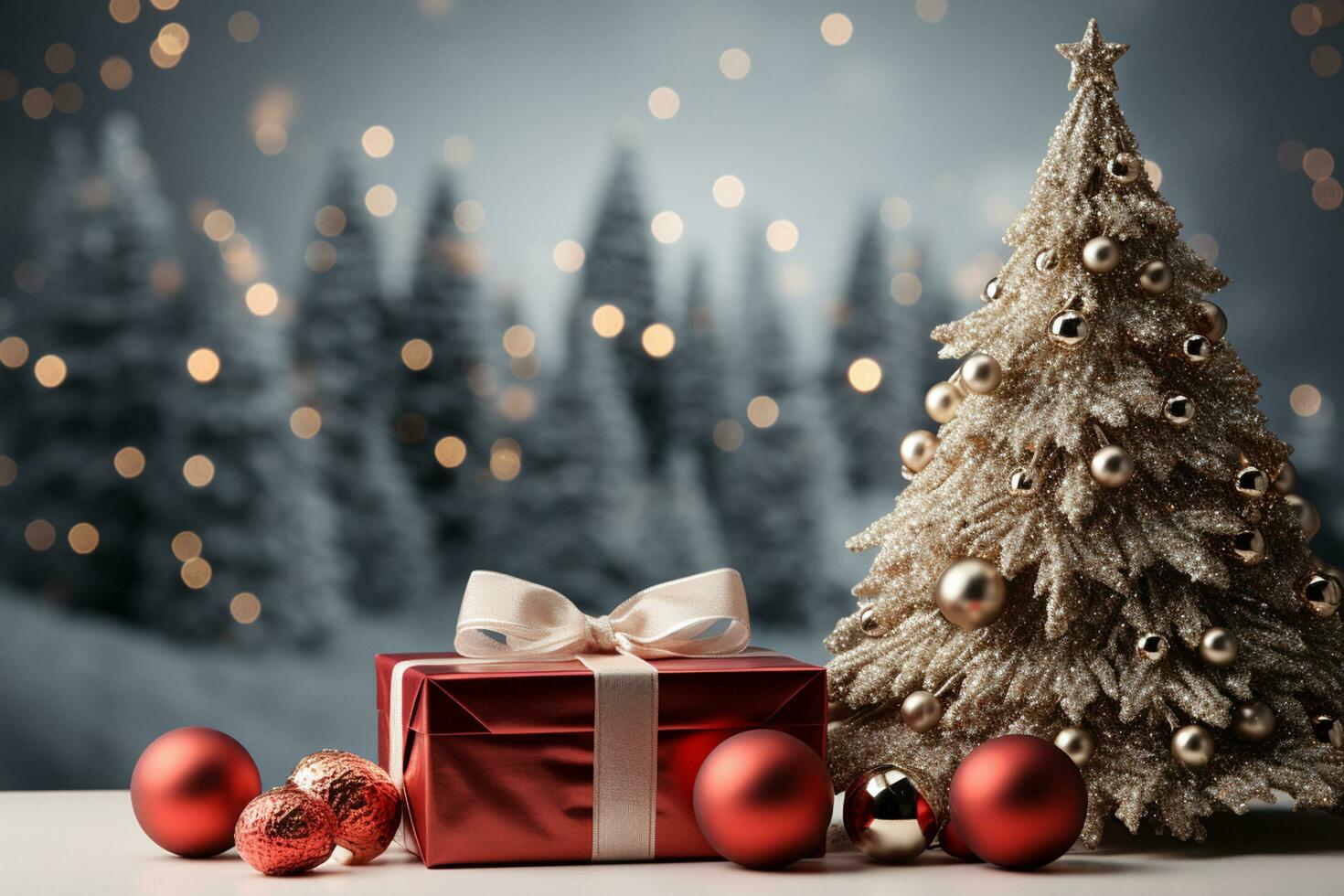 Ai Generative Background of christmas tree and red gift box on a christmas empty background with copy space photo