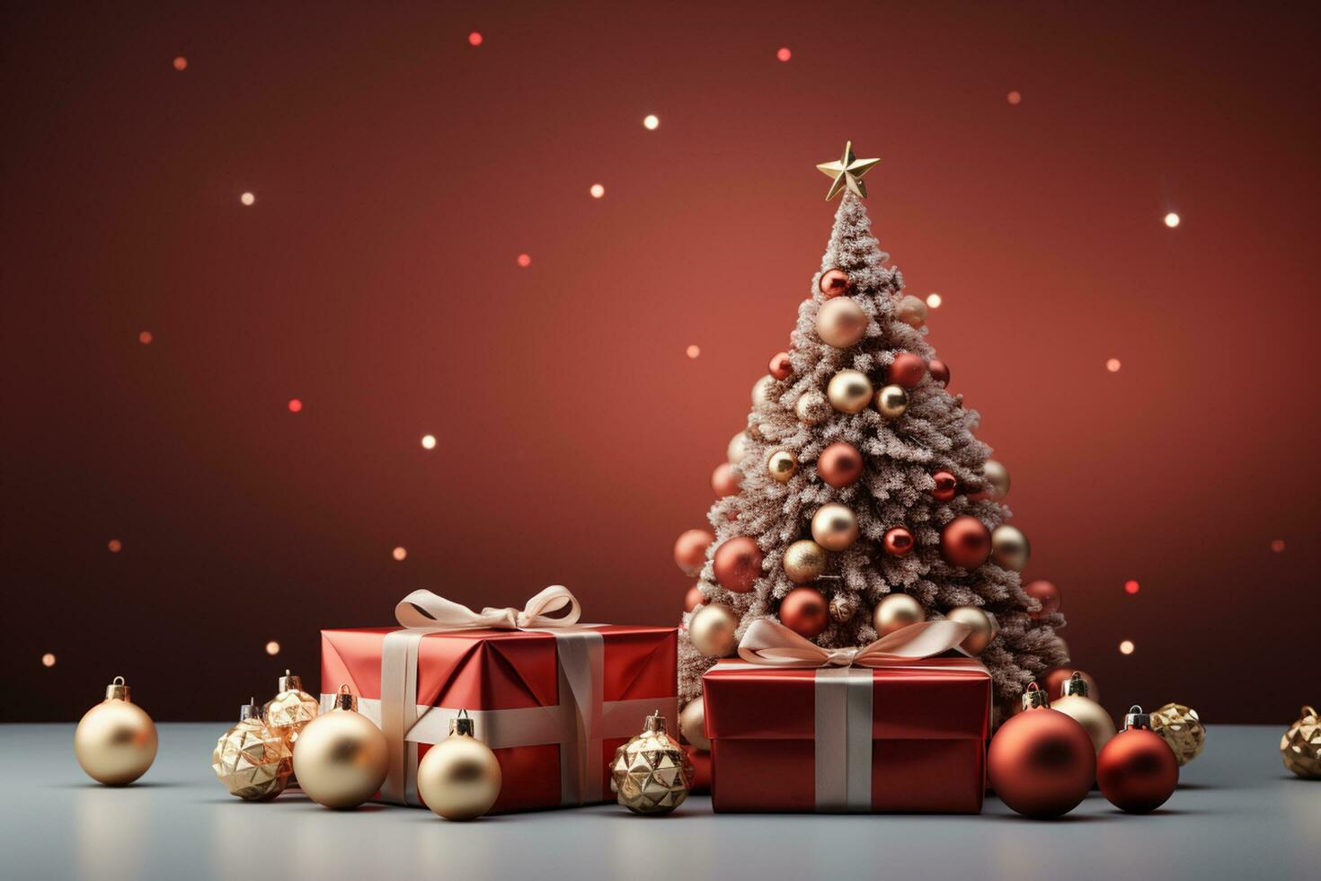 Ai Generative Background of christmas tree and red gift box on a christmas empty background with copy space photo