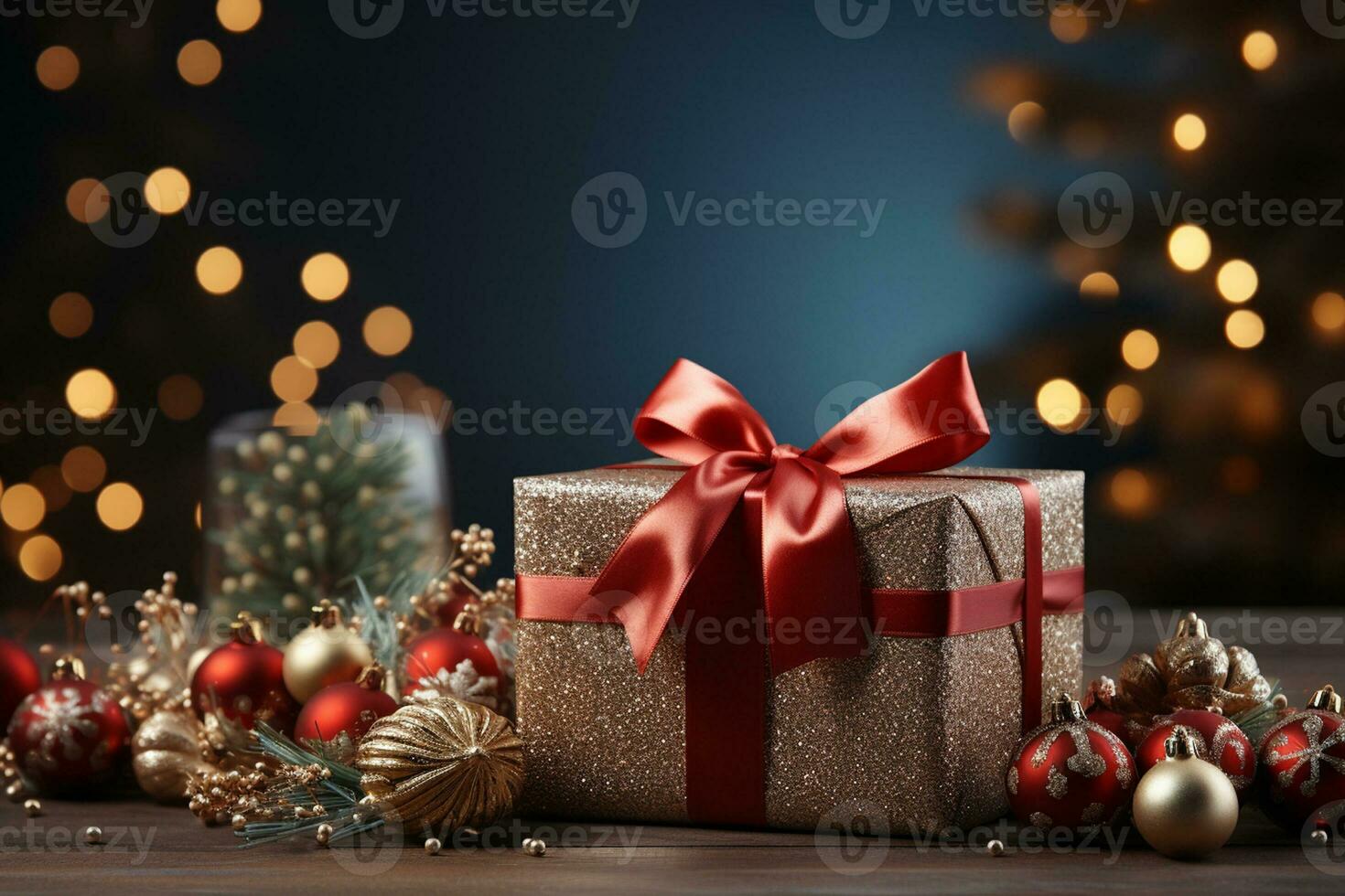 Ai Generative Background of christmas tree and red gift box on a christmas empty background with copy space photo