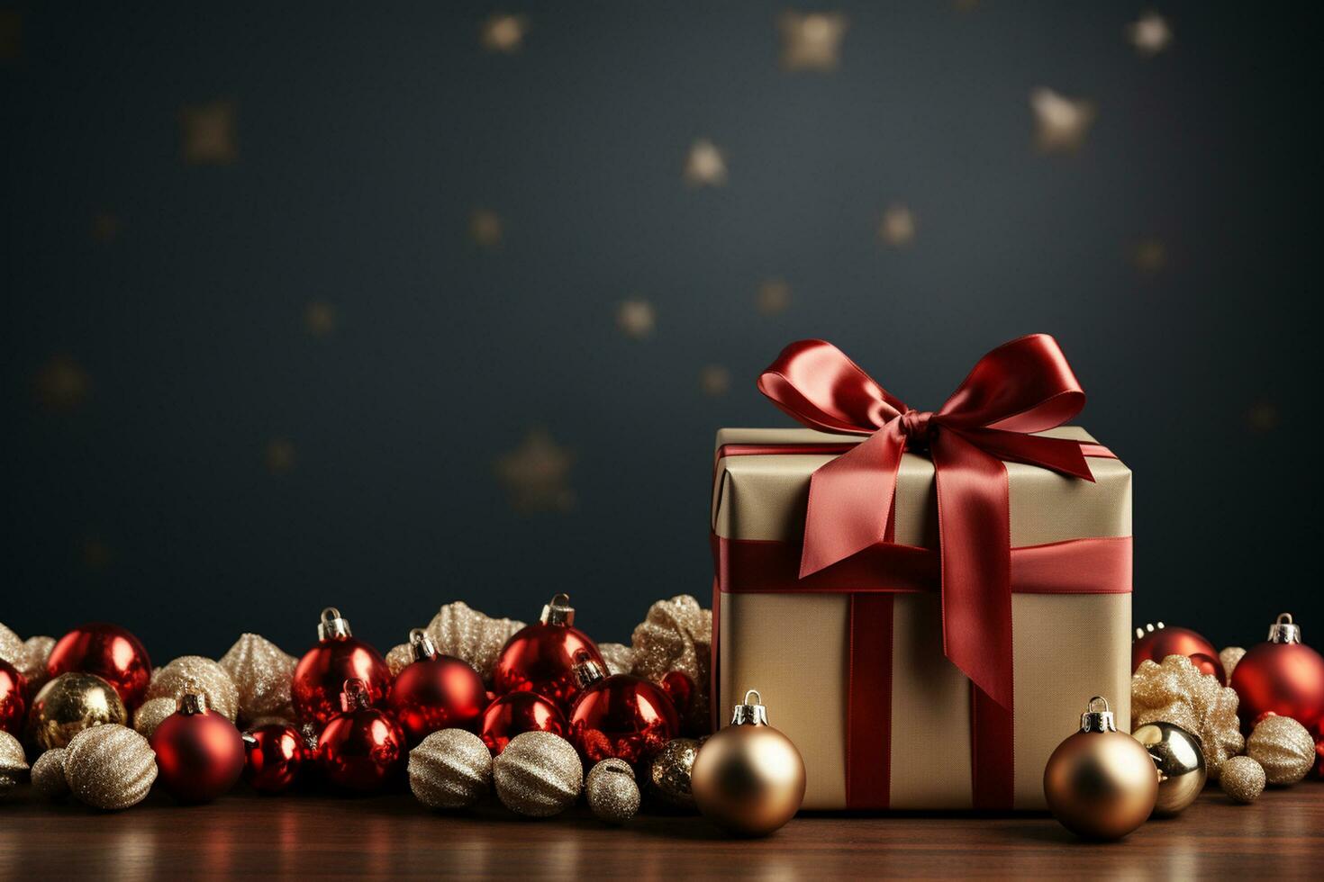 Ai Generative Background of christmas tree and red gift box on a christmas empty background with copy space photo