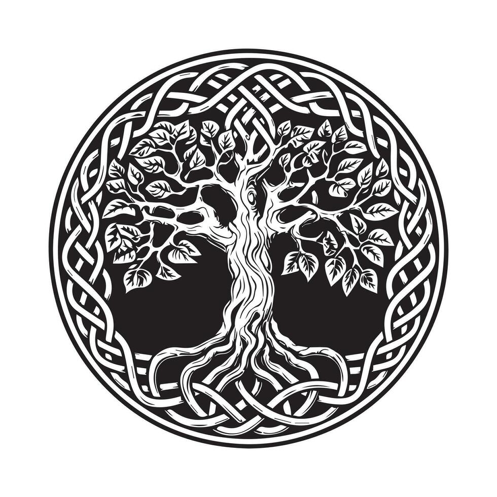 Celtic tree of life decorative Vector ornament, Tattoo sketch. Grunge vector illustration of the Scandinavian myths with Celtic culture.