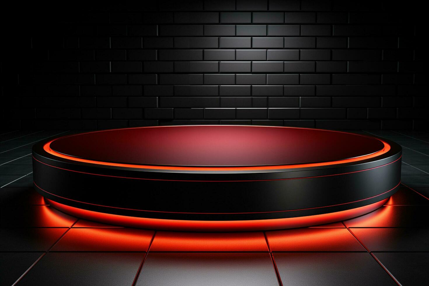Ai Generated photo red light round podium and black background for mock up realistic image