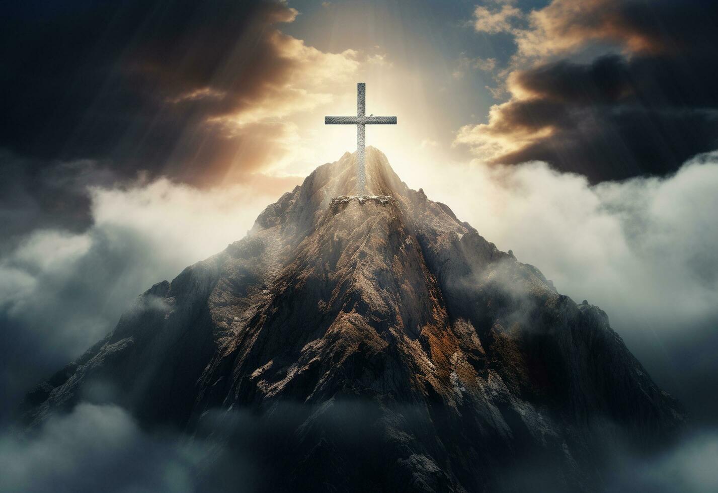 Ai Generative A stunning landscape silhouette with a crucifix at its center, symbolizing the resurrection of Jesus and the Christian faith. The beautiful mountain scenery, the vibrant sky. photo