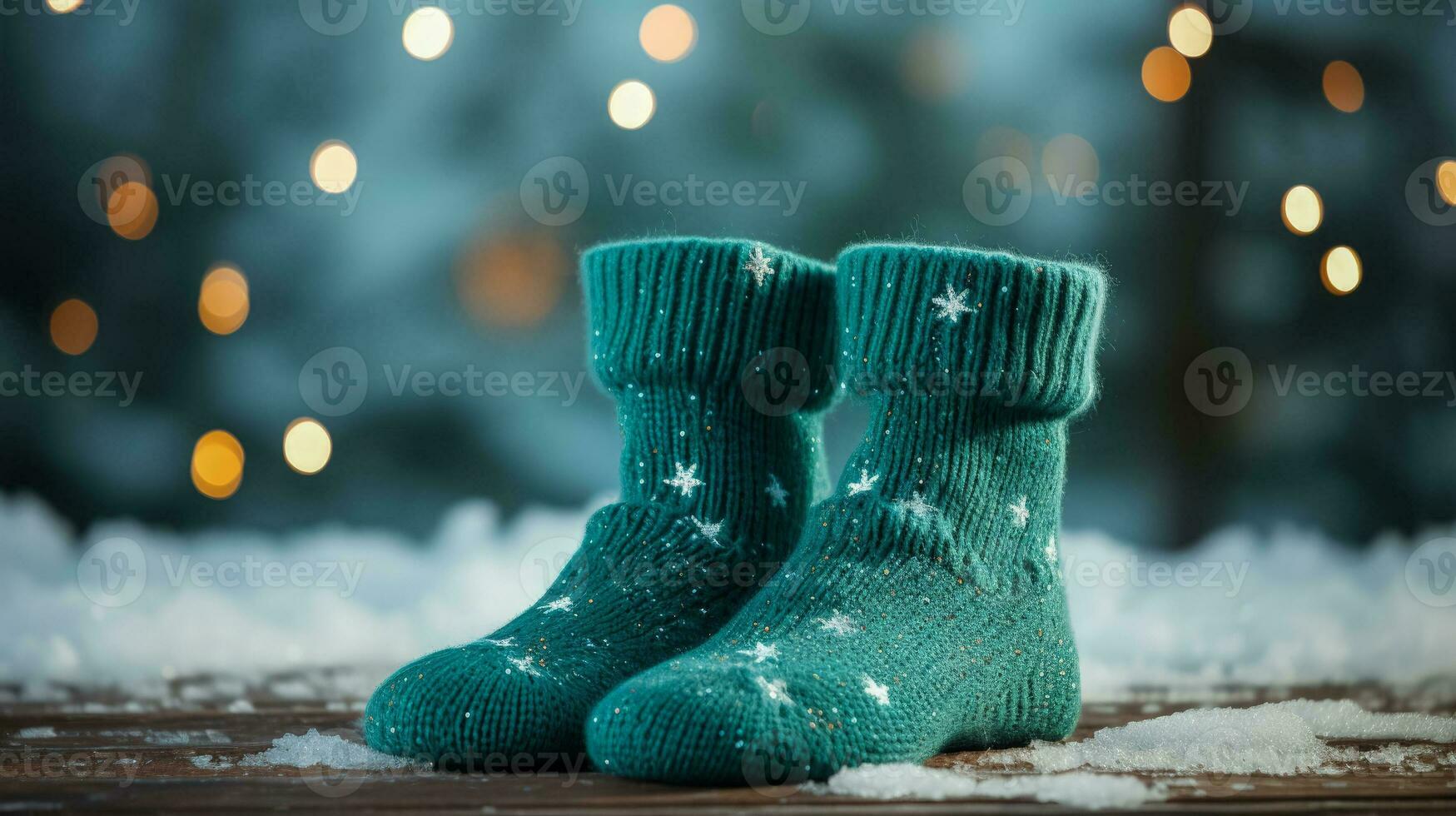 Woolen socks and comfy slip ons closeup background with empty space for text photo