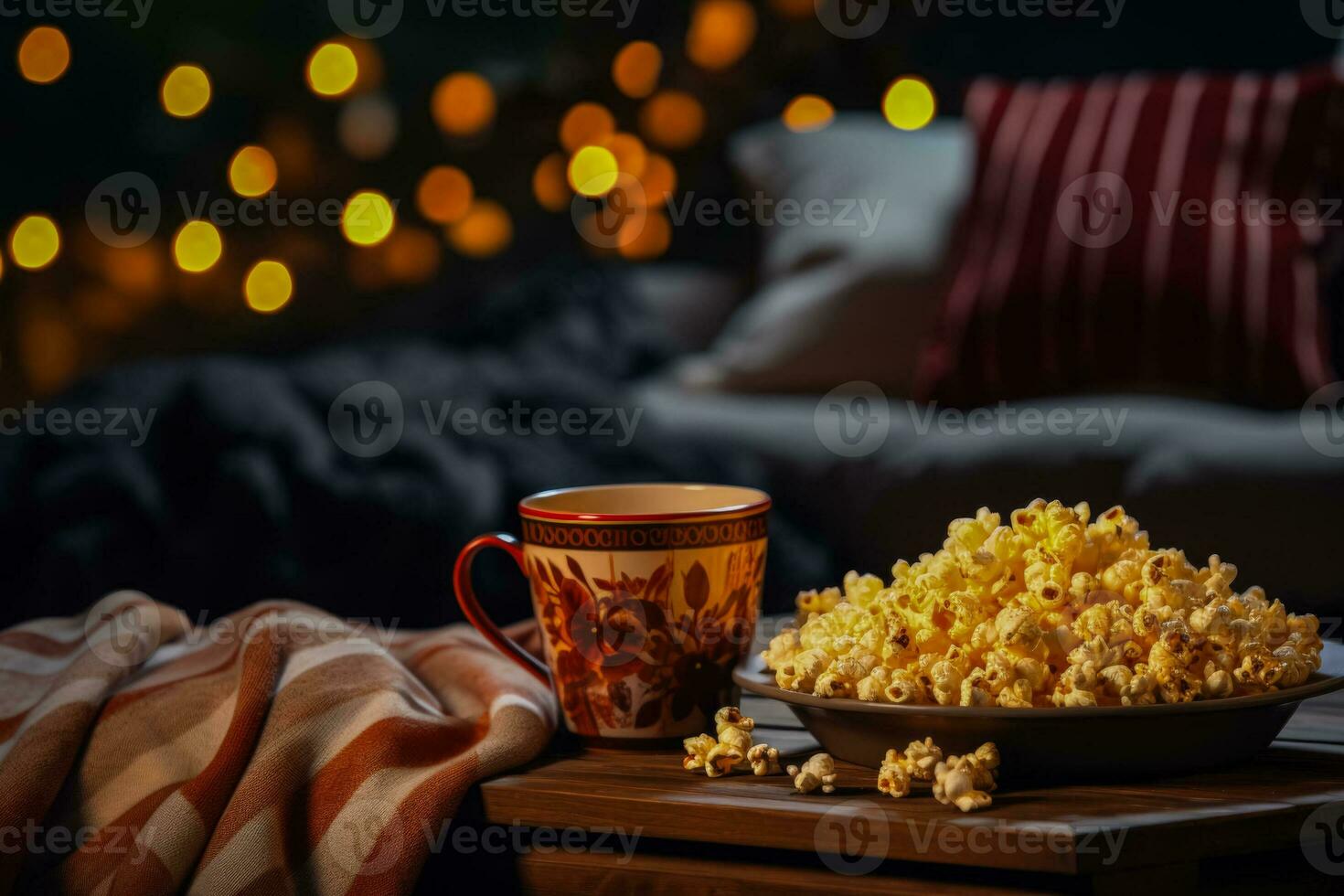 Home movie night scene with popcorn and soft throws background with empty space for text photo