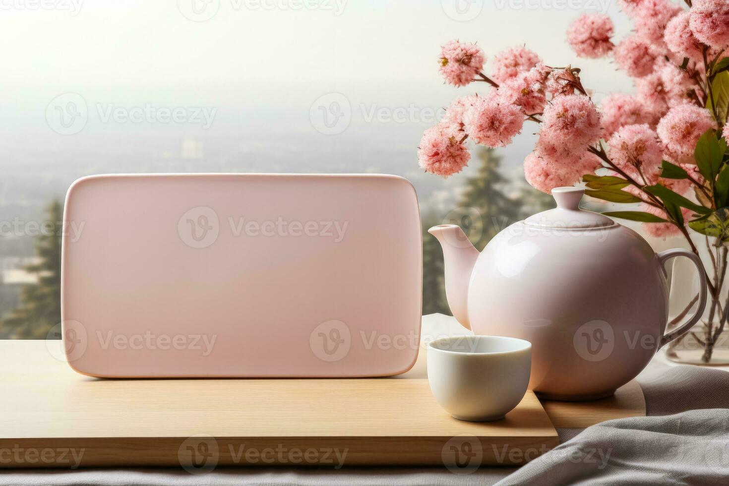 Leisurely tea time setup in a serene home spot background with empty space for text photo
