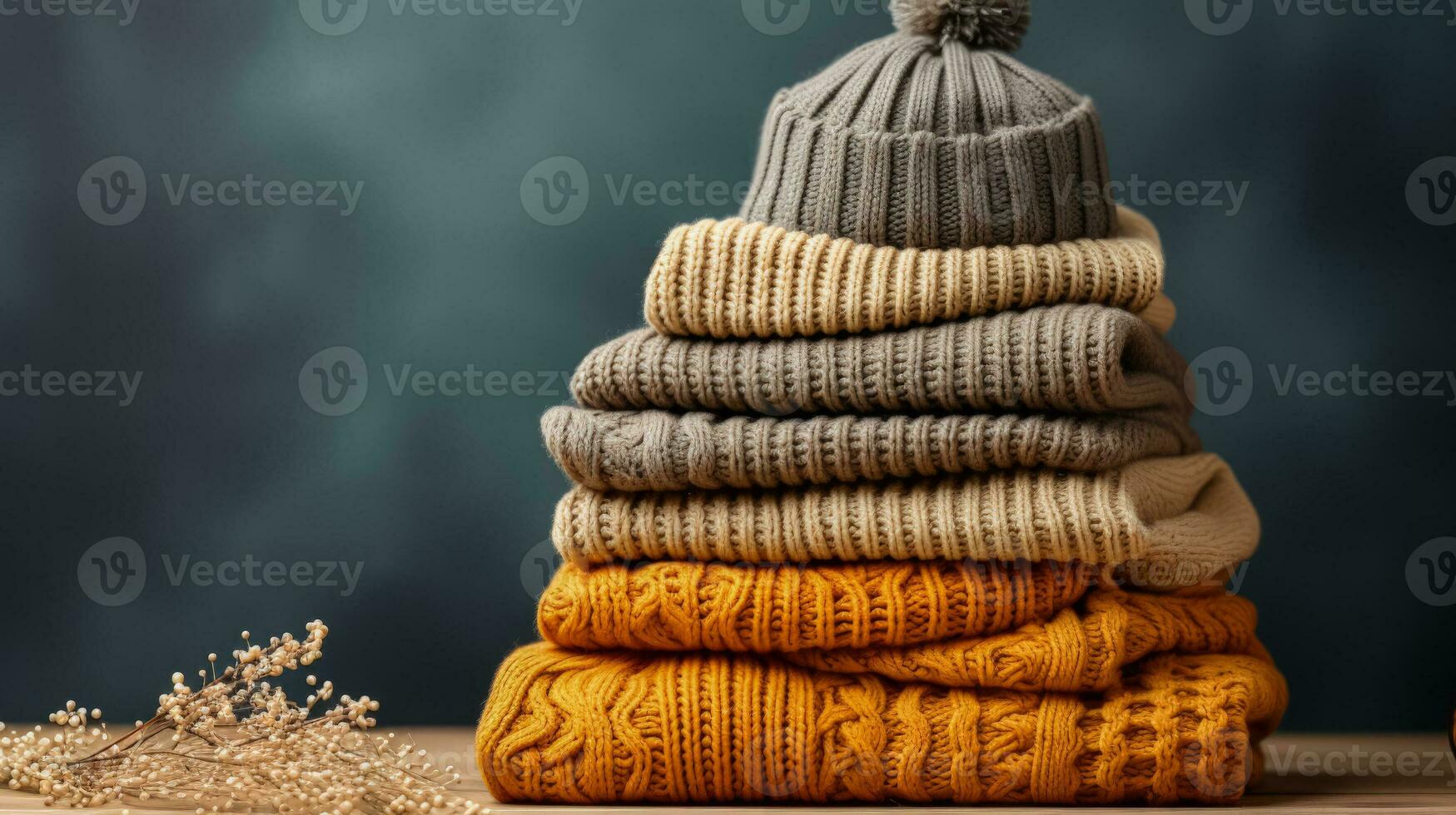 Assorted knitted garments and comfortable accessories background with empty space for text photo