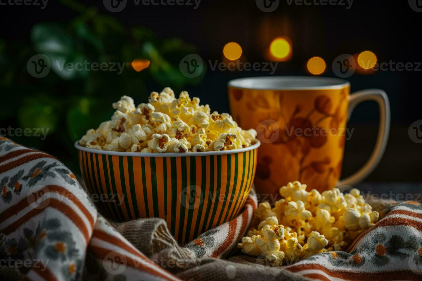 Home movie night scene with popcorn and soft throws background with empty space for text photo