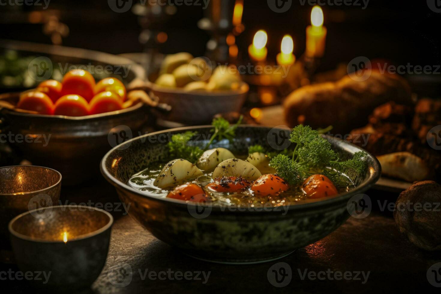 Hearty soup in rustic bowl amid flickering candles embodying hygge comfort photo