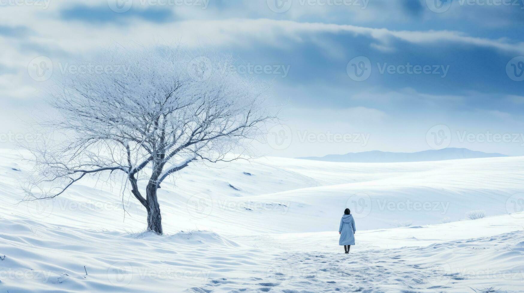 Solitary figure walking in snowy winter landscape background with empty space for text photo