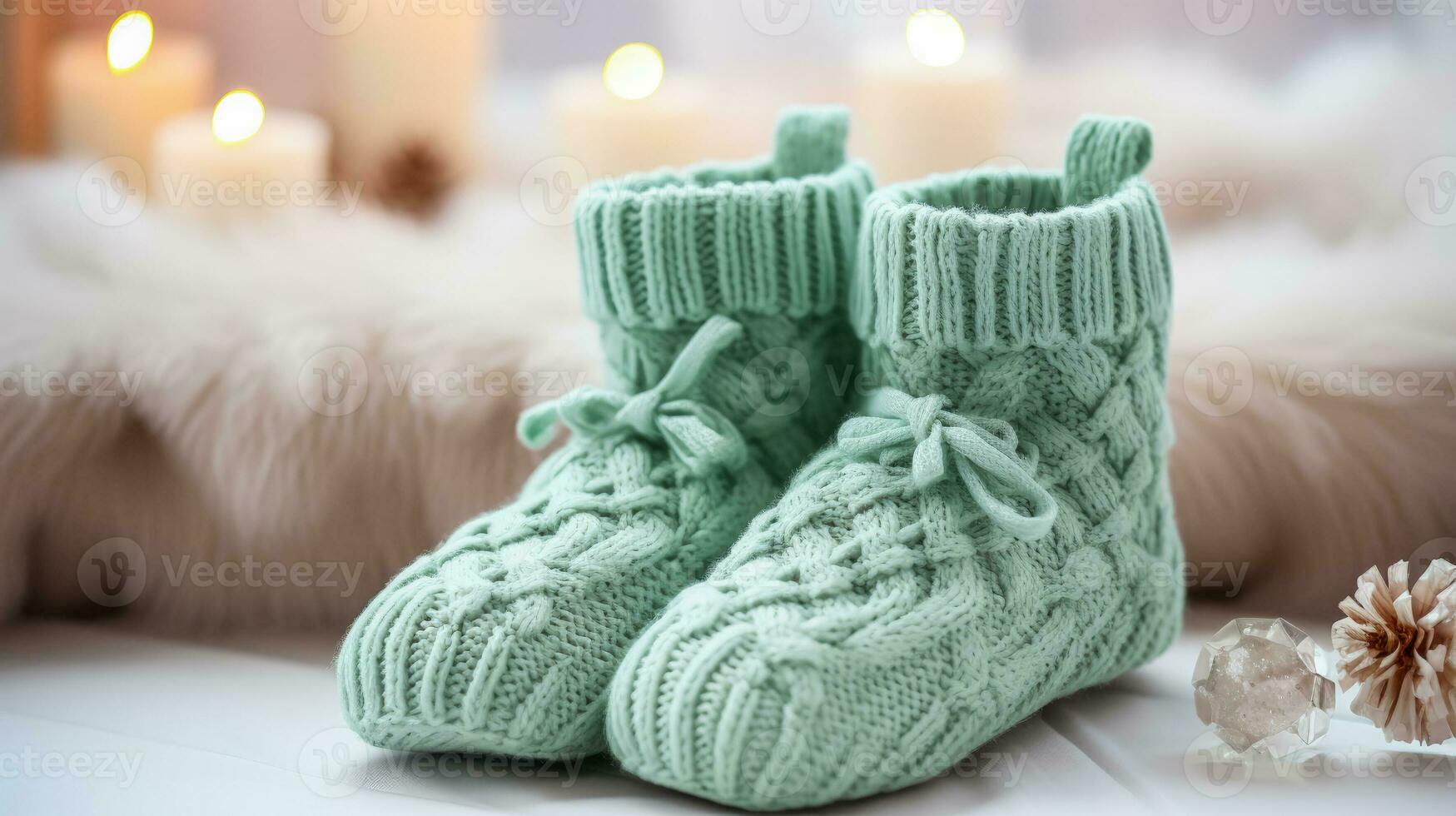 Woolen socks and comfy slip ons closeup background with empty space for text photo