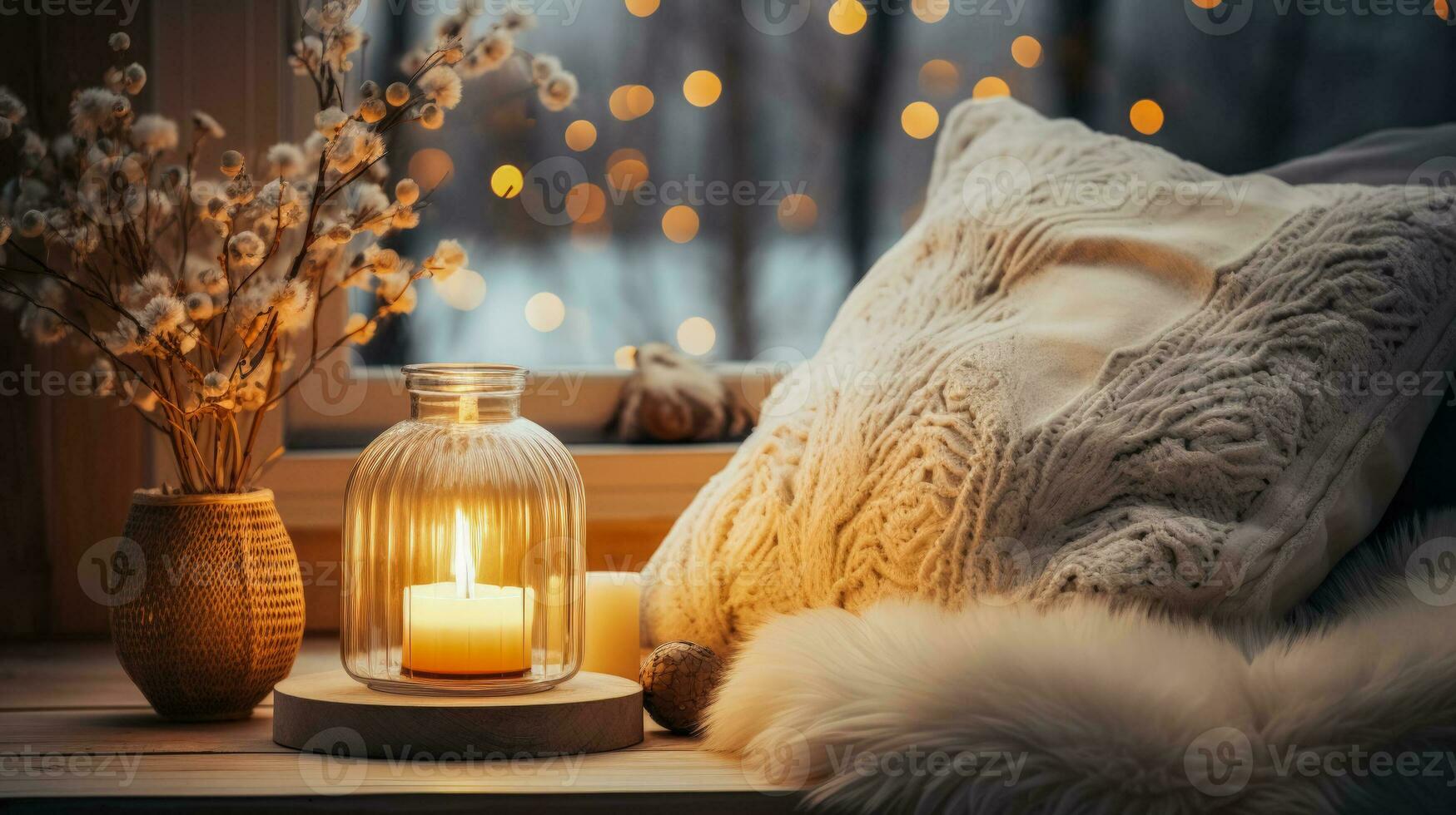 Cozy hygge inspired room illuminated warmly background with empty space for text photo