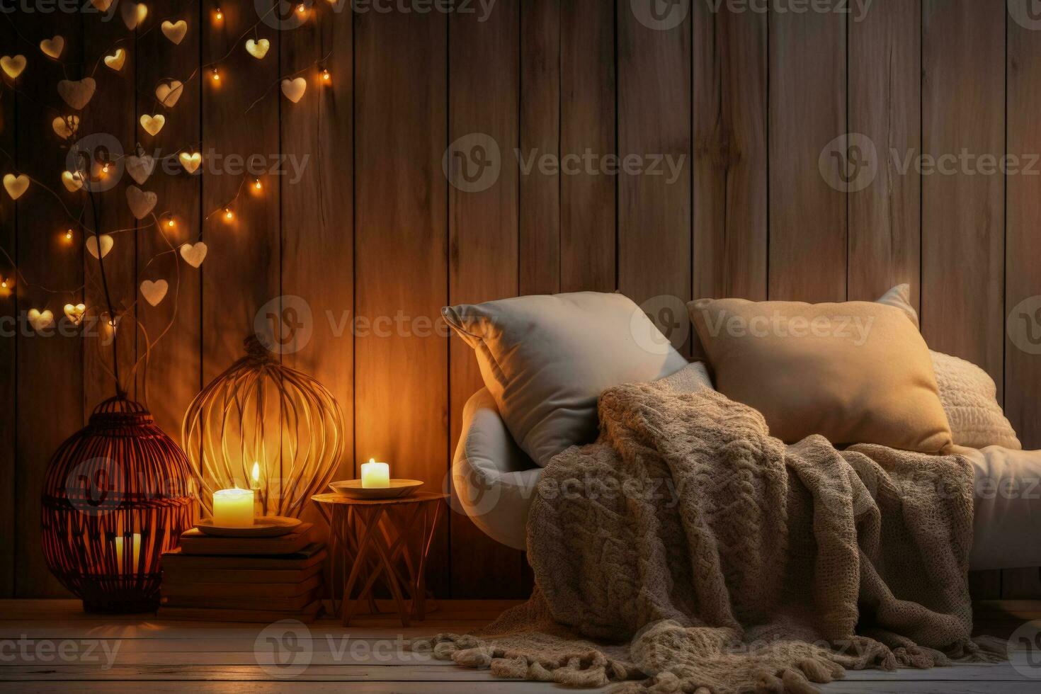 Cozy hygge inspired room illuminated warmly background with empty space for text photo