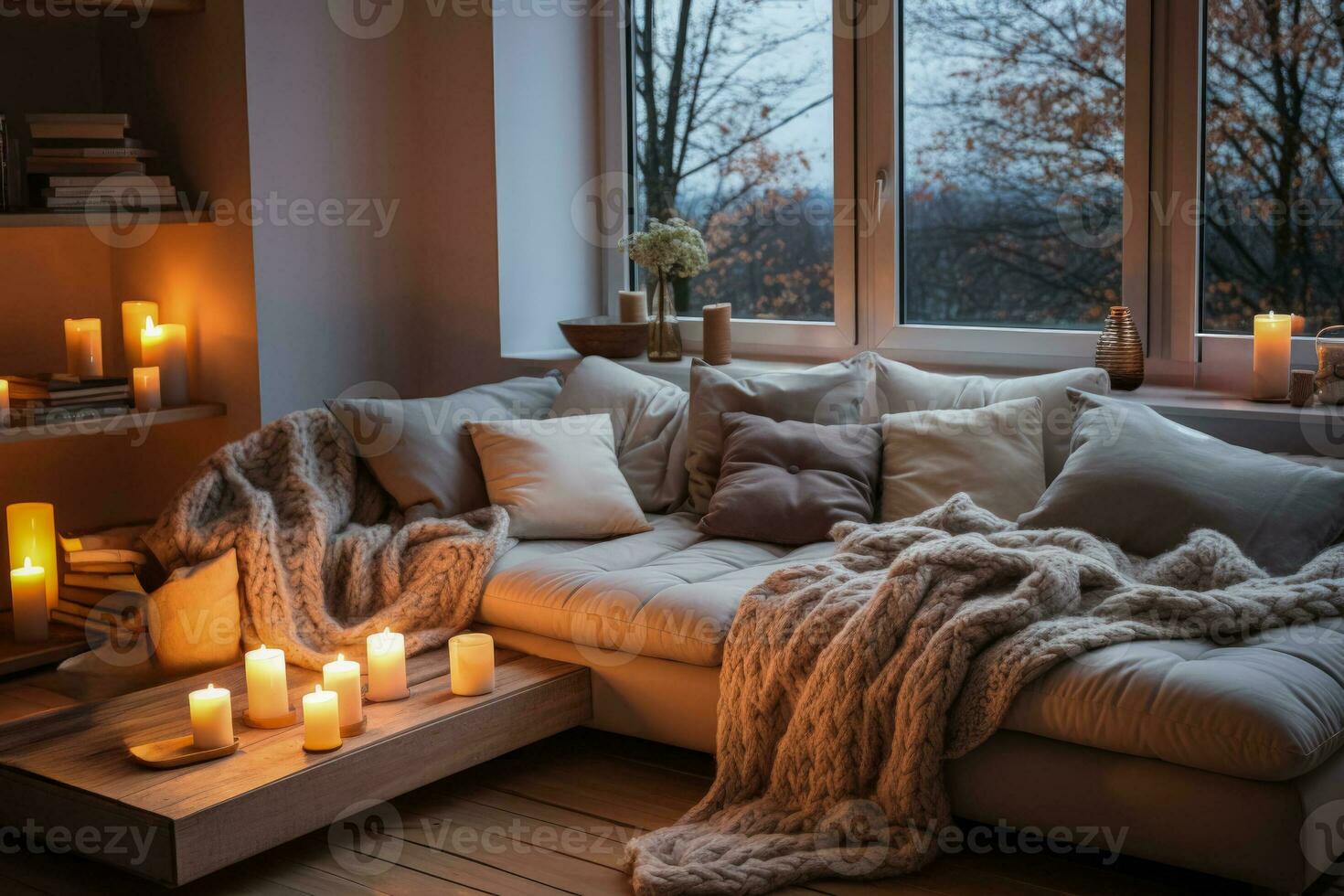 Cozy living room illuminated with soft lights and plush blankets photo