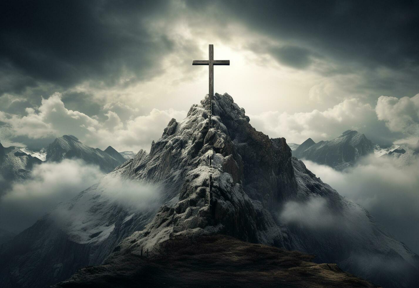 Ai Generative A stunning landscape silhouette with a crucifix at its center, symbolizing the resurrection of Jesus and the Christian faith. The beautiful mountain scenery, the vibrant sky. photo