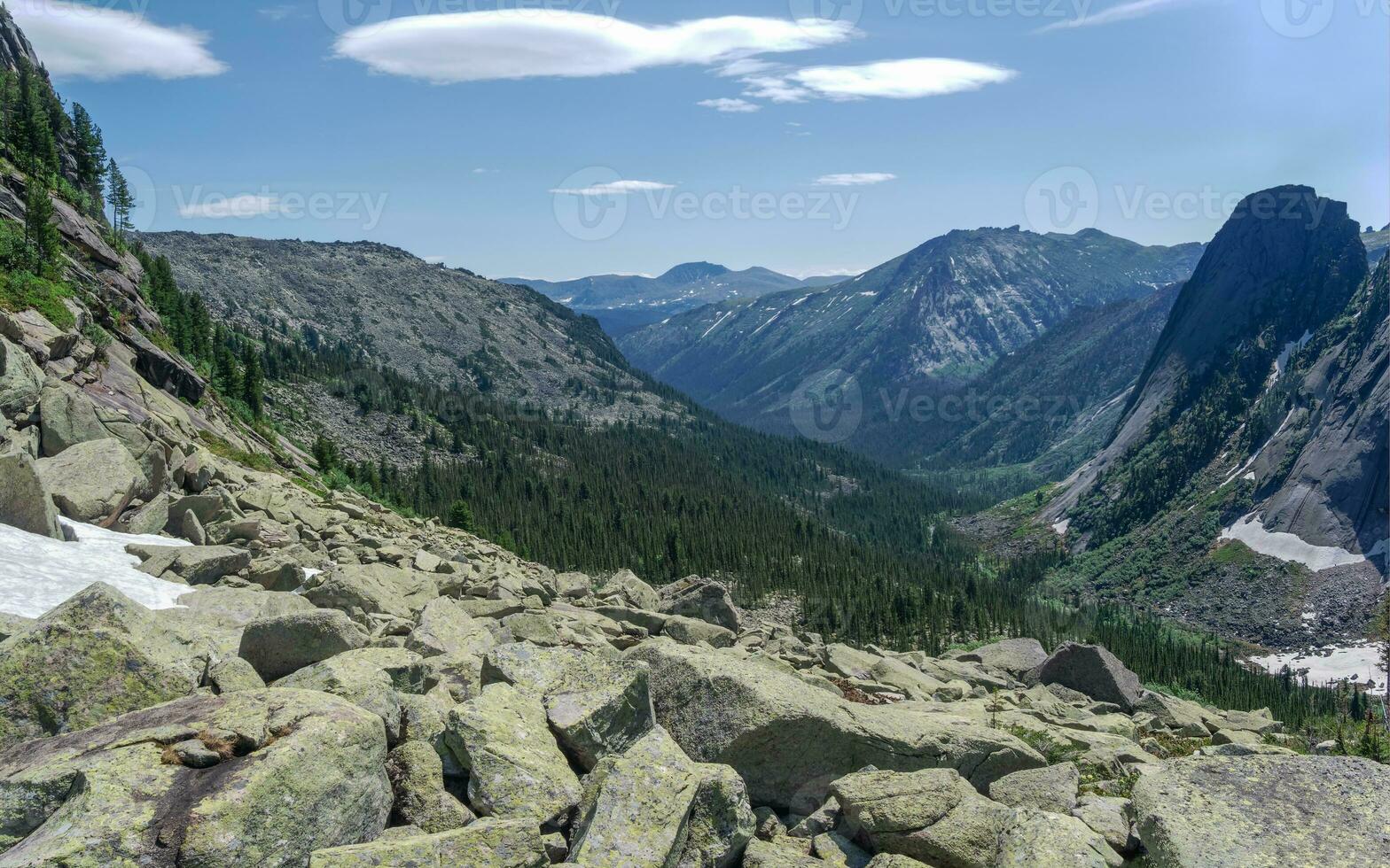 Panorama of a wide rocky mountain valley at noon. Western Sayans kurumnik, stones, cobblestones, moss with a unique landscape. photo