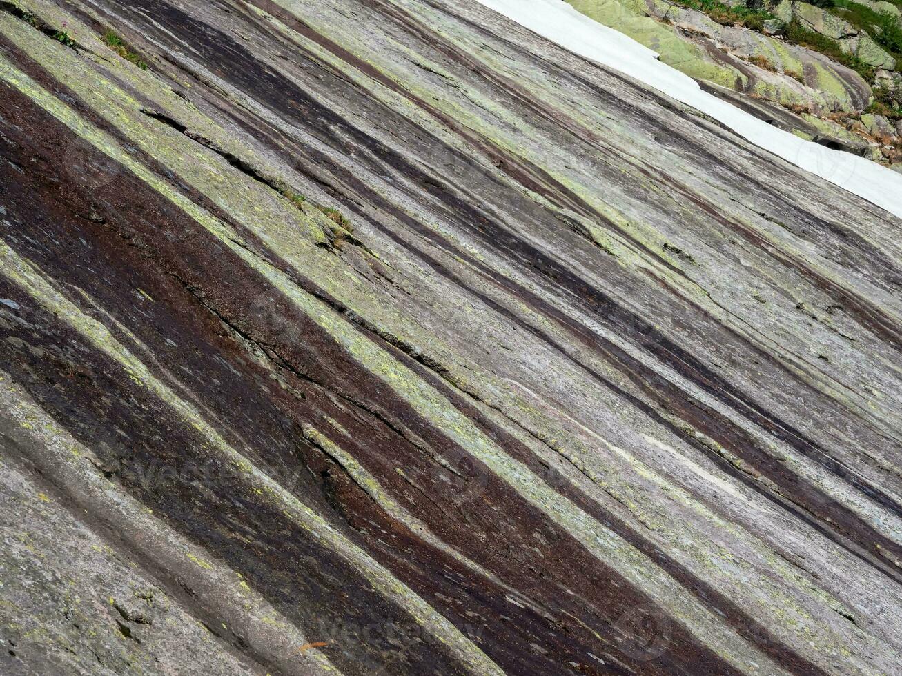 Layered mountain texture. Stone texture. Cross section of rocks. Geological layers. Colored layers of stones in section of the mount, different rock formations and soil layers. photo