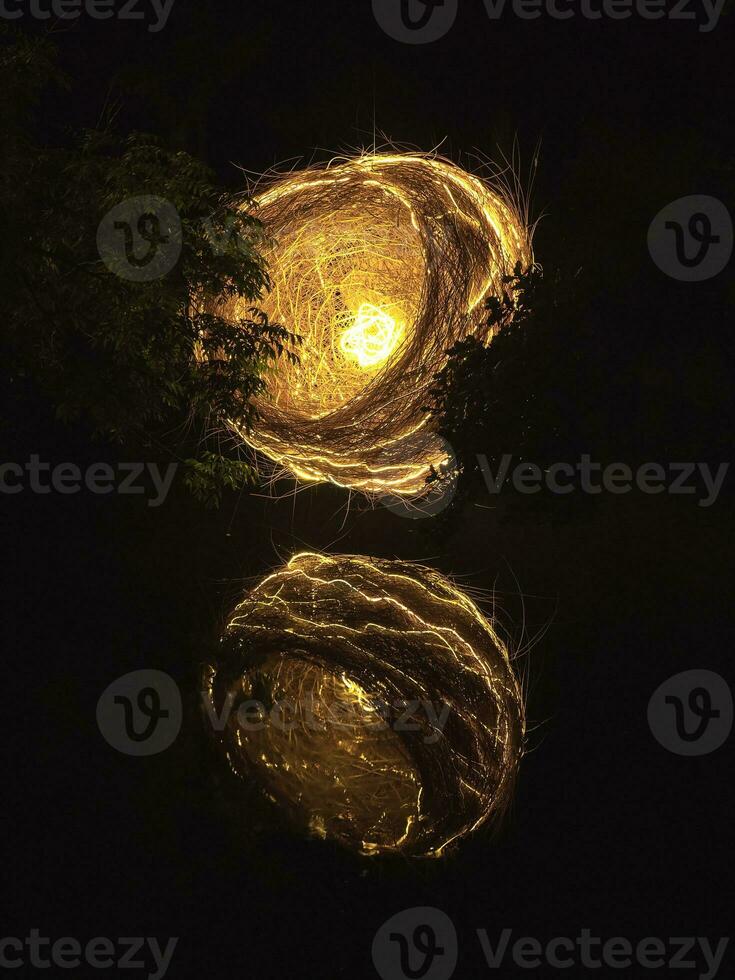 light painting with reflections in dark water, Laser draws circl photo