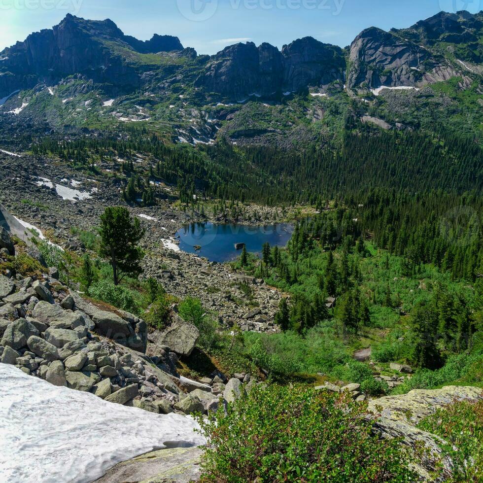 Mountain lake in the valley. Summer landscape of crystal blue lake with rocks in mountain valley. Hiking in Western Sayan. Amazing top view in Ergaki Nature Park. Square view. photo