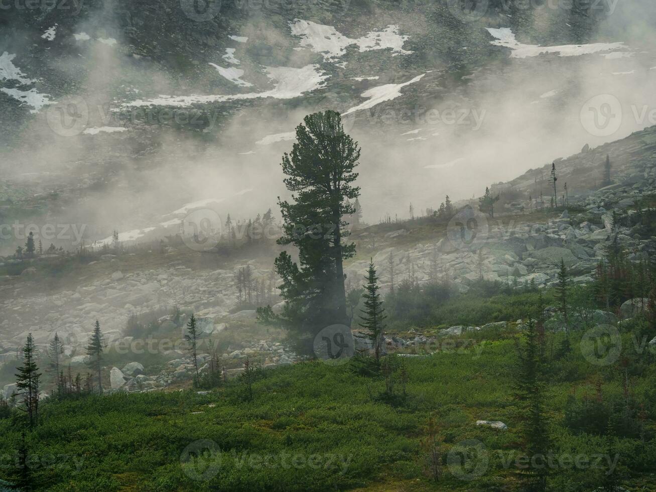 Soft focus. Low clouds in a mountain valley. A rocky hill with c photo