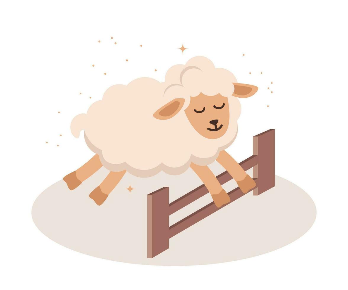 Sheep jumping over the fence. Cute sleeping sheep. Poster about sleep, dream or relax. Concept of counting the sheep, insomnia, sleep disorders, baby sleep. Vector illustration.