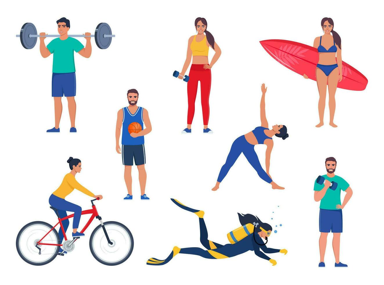 hombres y mujer ejecutando varios Deportes actividades. haz de contento formación o hacer ejercicio gente. fuerza capacitación, ciclismo, yoga, baloncesto, buceo, surf. vector ilustración.