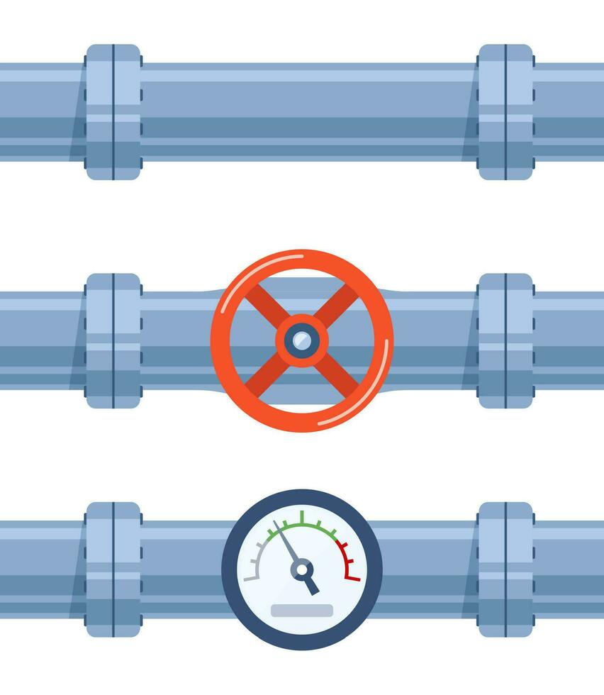 Pipe of water with valve and meter of pressure. Pipe elements. System of pipeline with valve and manometer for industry. Construction of steel tube. Vector illustration.