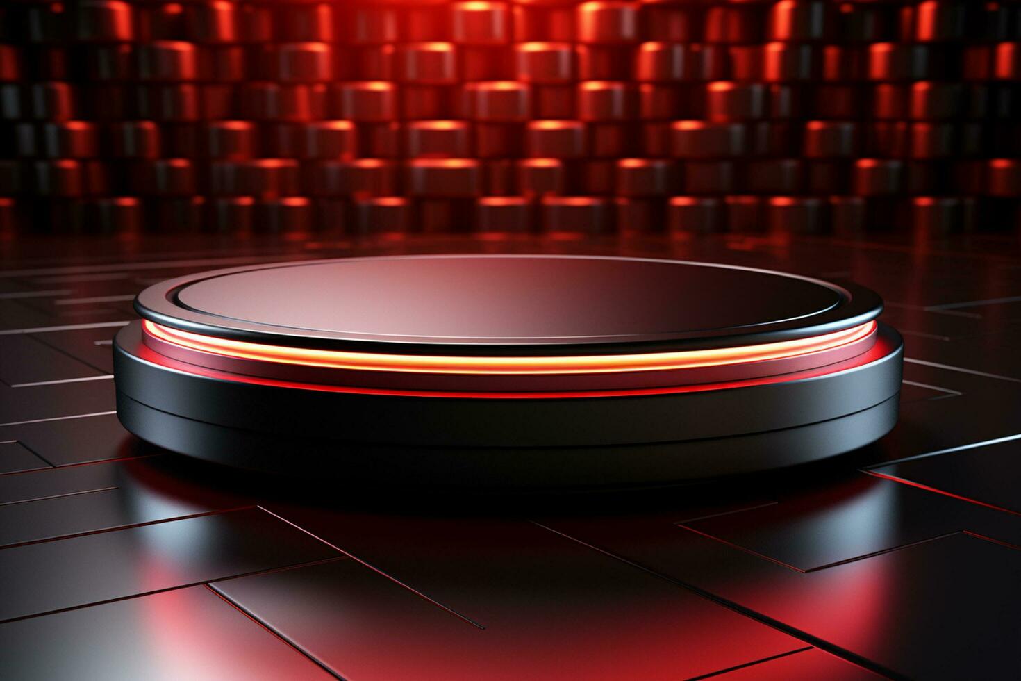 Ai Generated photo red light round podium and black background for mock up realistic image