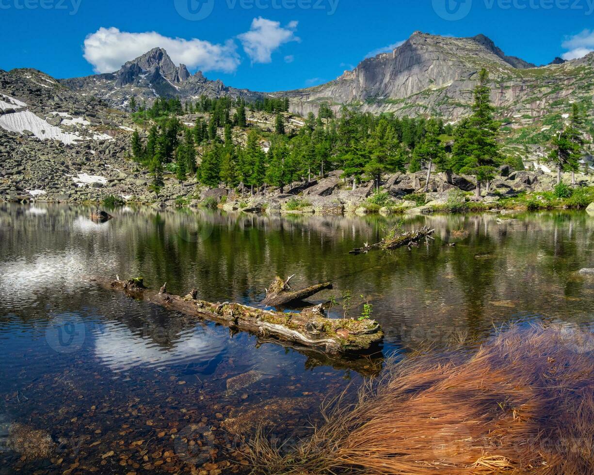 Lake of Artists in Ergaki on a summer afternoon among taiga rocks with a blue sky under the warm sun and trees. Mountain sunny landscape. Ergaki Nature Park in the mountains of Siberia. Western Sayan. photo