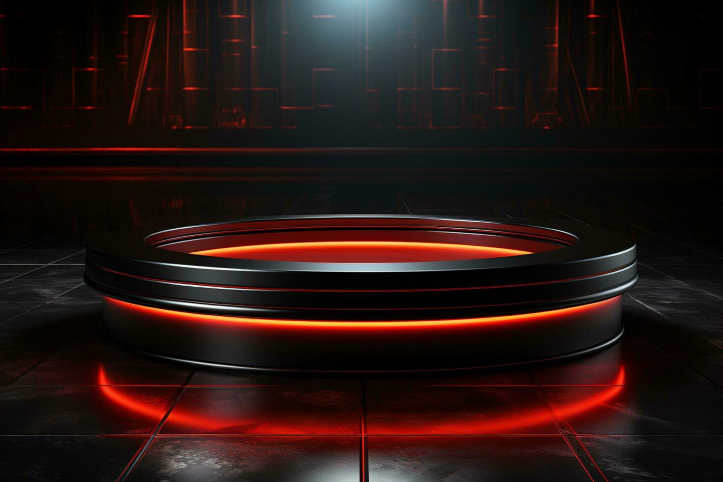 Ai Generated photo red light round podium and black background for mock up realistic image