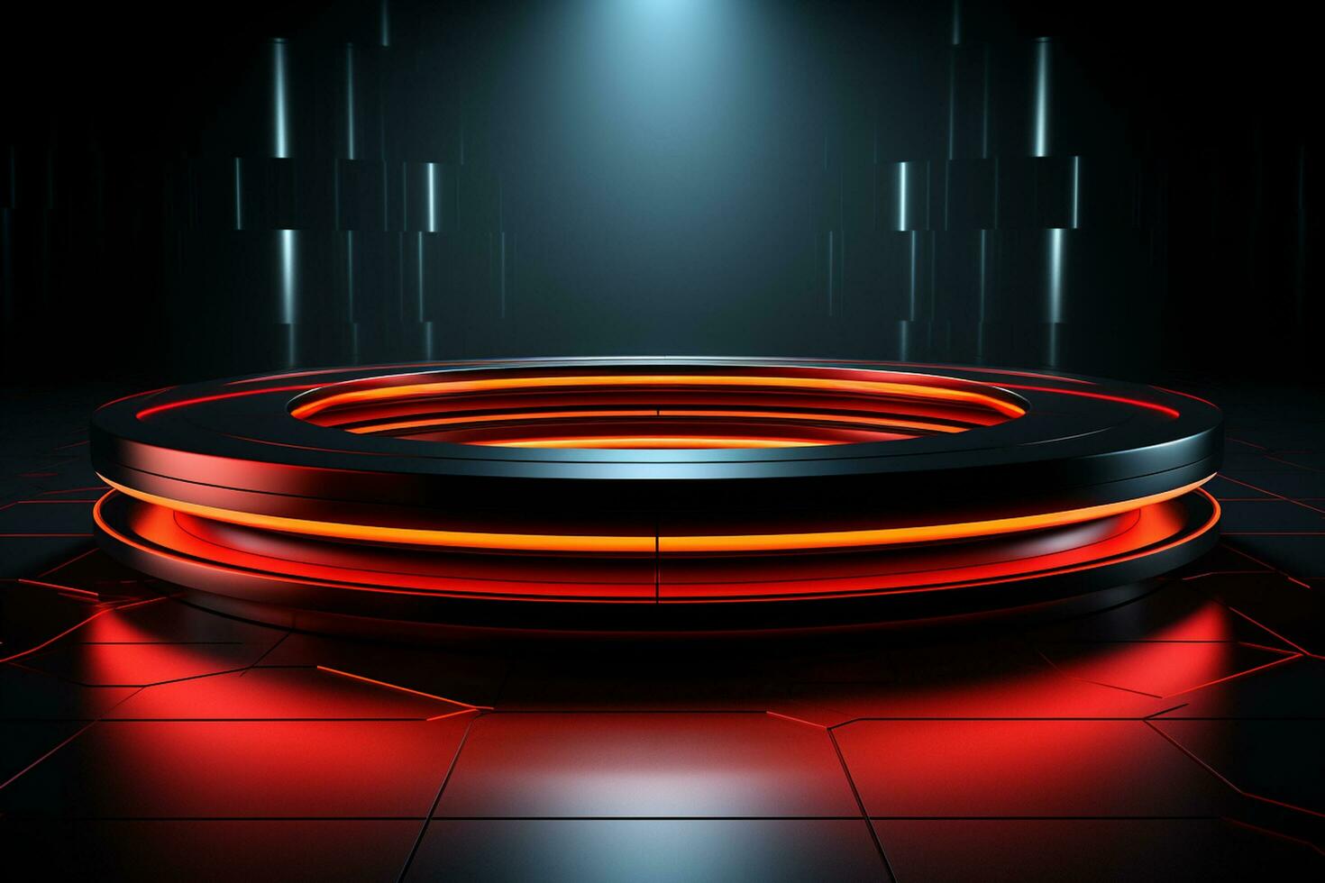 Ai Generated photo red light round podium and black background for mock up realistic image