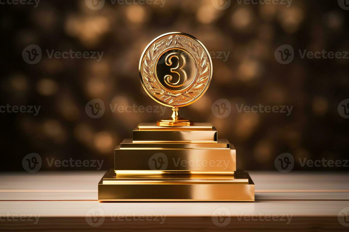 Gold award, prize for 3rd place on a wooden table top with golden bokeh on the background. Competition concept. Generated by artificial intelligence photo