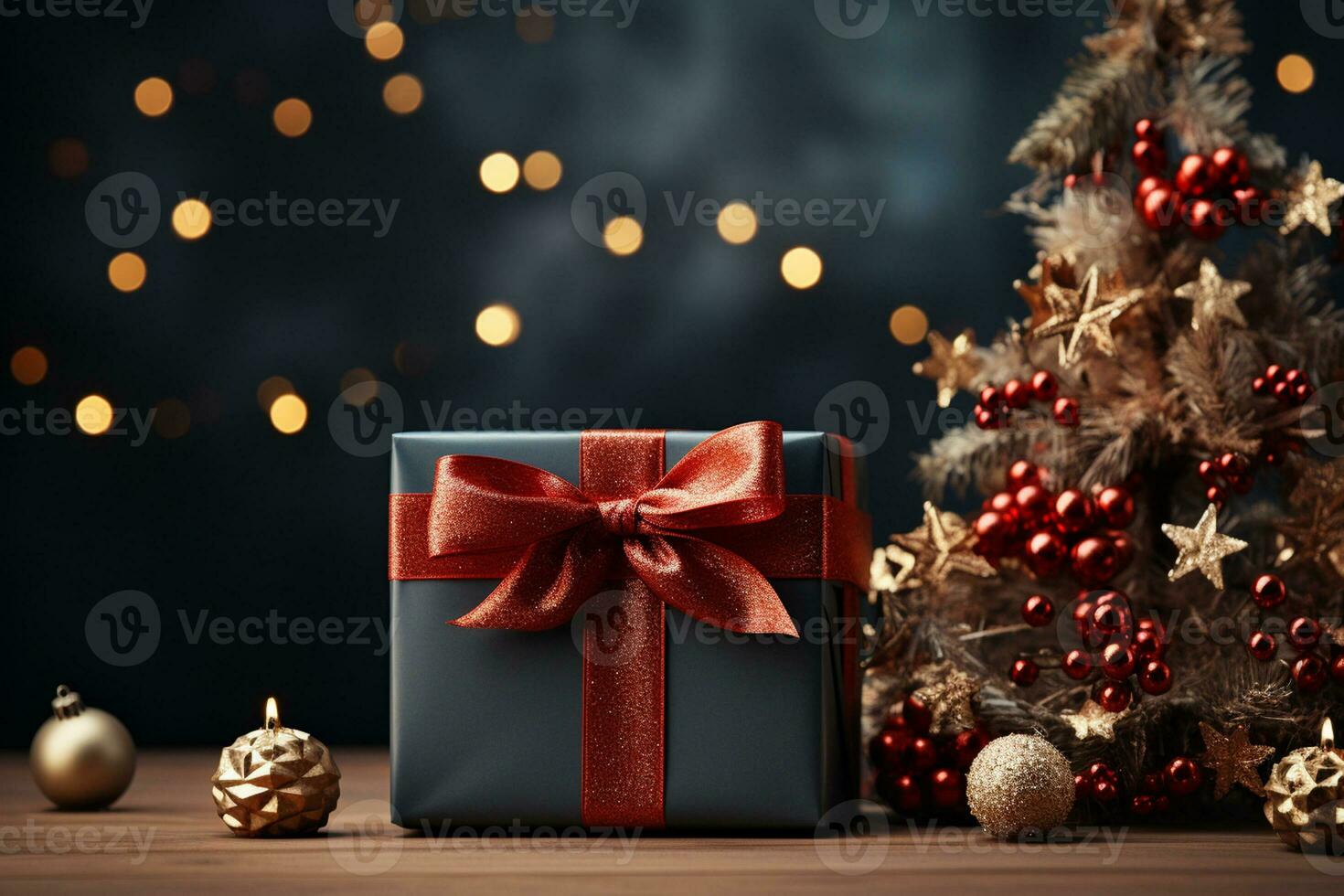 Ai Generative Background of christmas tree and red gift box on a christmas empty background with copy space photo