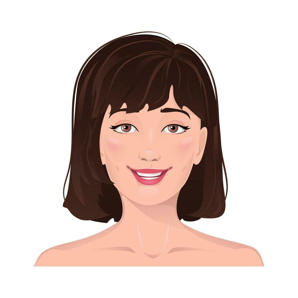 Face portrait of women with brown hair. Facial expression with smiling gesture isolated vector illustration. Avatar for a social network. Vector flat illustration, web, design, beauty and make up.