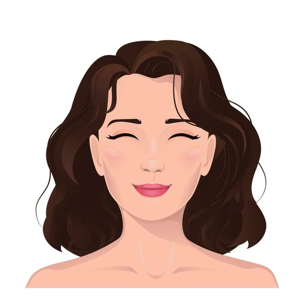 cara retrato de mujer con marrón cabello. facial expresión con sonriente gesto aislado vector ilustración. avatar para un social red. vector plano ilustración, web, diseño, belleza y hacer arriba.