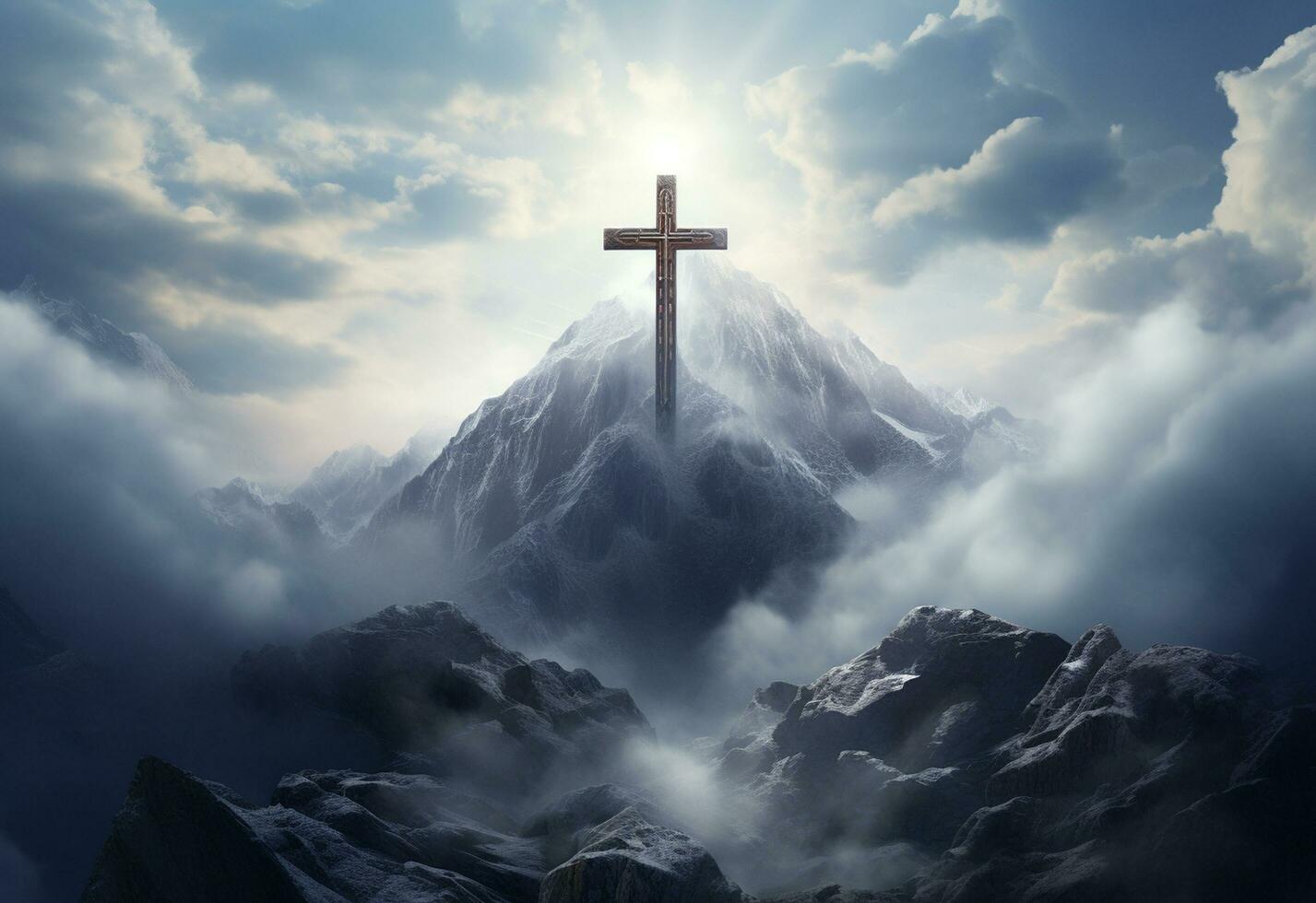 Ai Generative A stunning landscape silhouette with a crucifix at its center, symbolizing the resurrection of Jesus and the Christian faith. The beautiful mountain scenery, the vibrant sky. photo