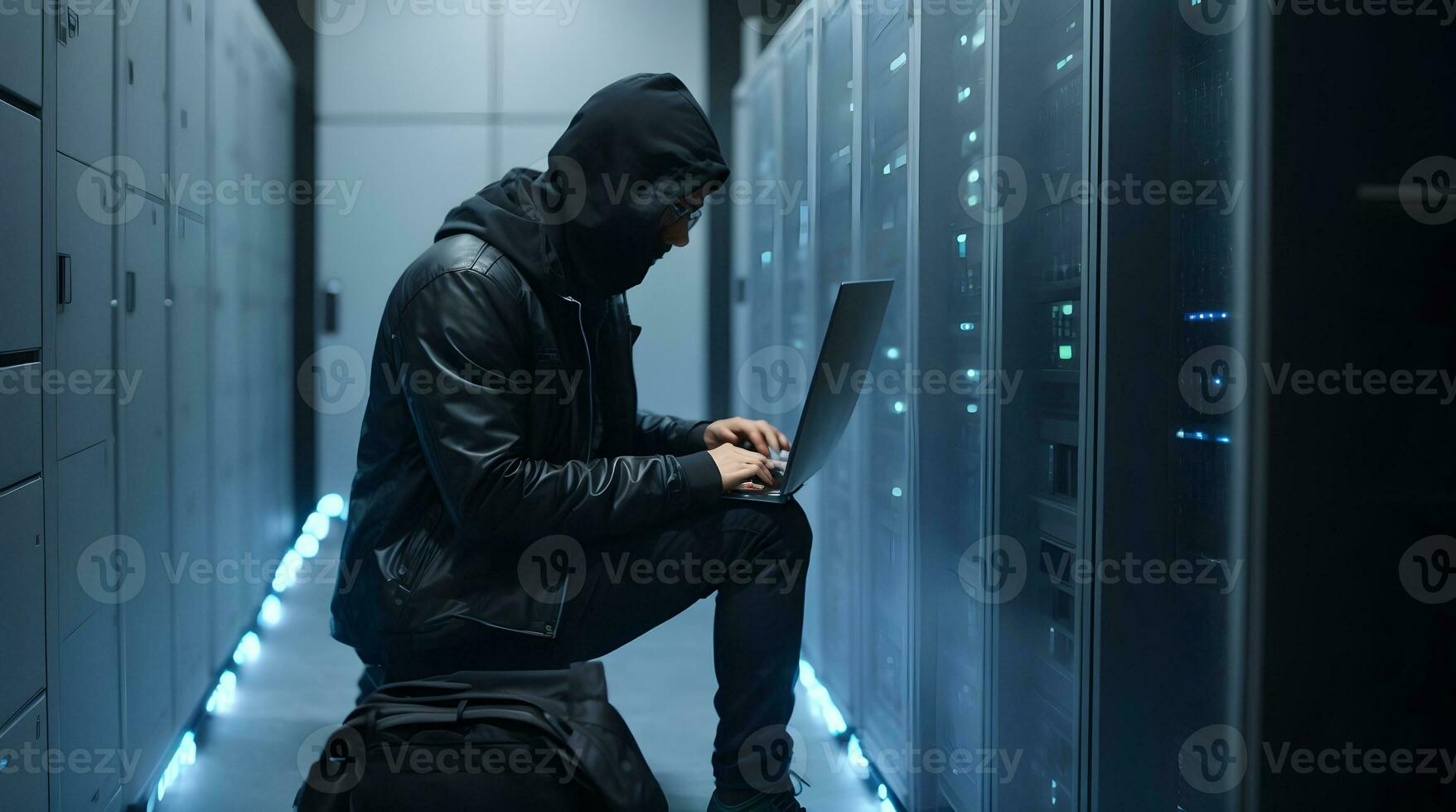 Anonymous hacker typing computer. Concept of cybercrime, cyberattack, dark web. photo