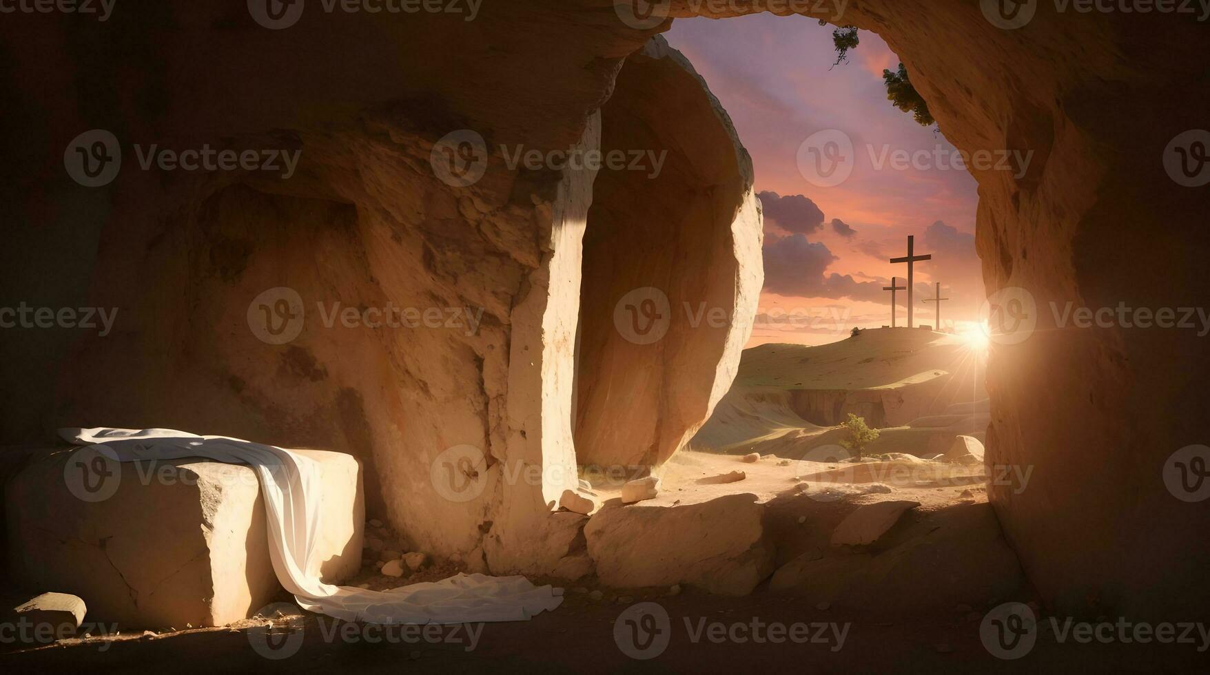 Resurrección de Jesús Cristo, tumba vacío con sudario y crucifixión a amanecer foto