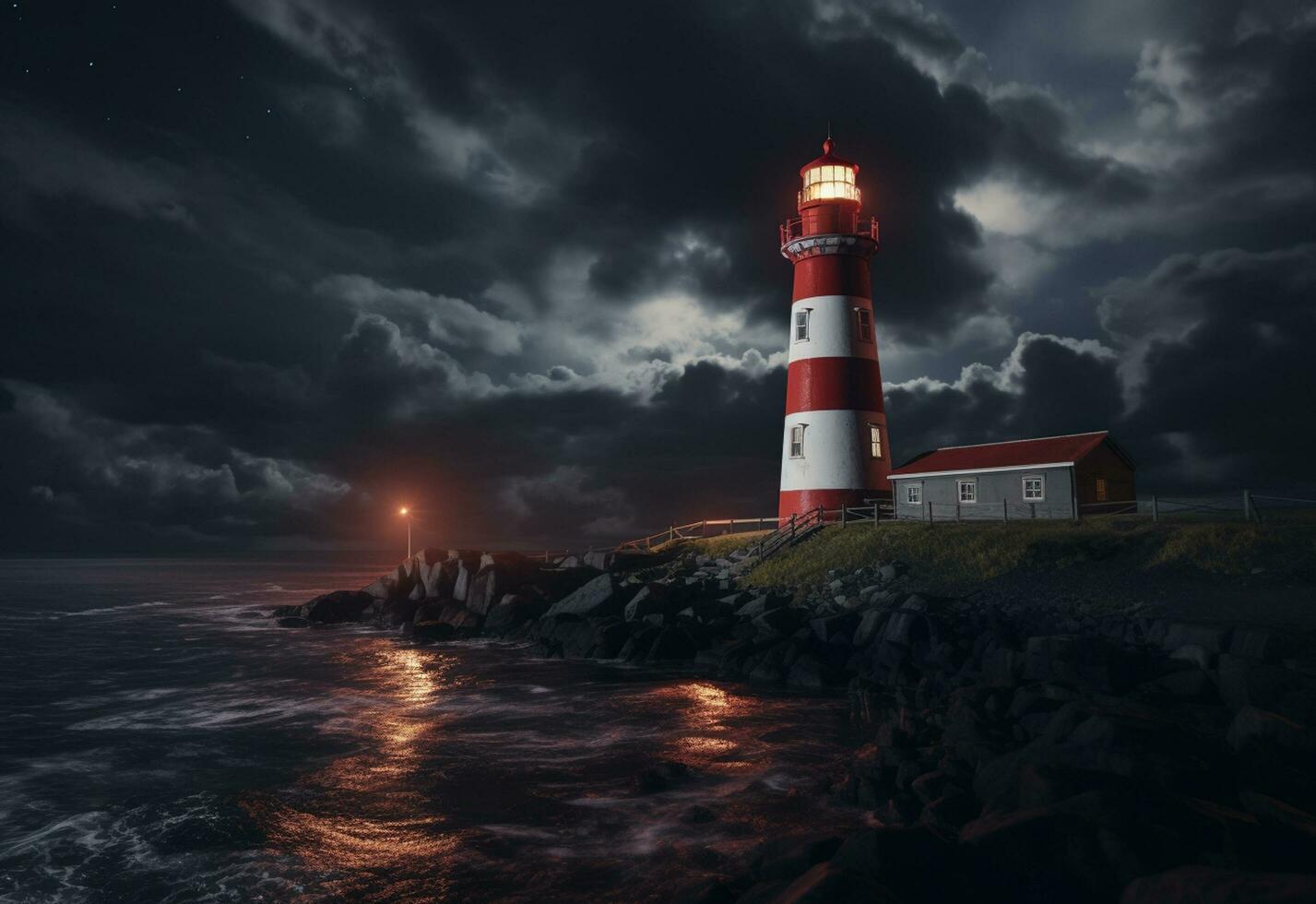 Ai Generative serene seascape featuring a picturesque lighthouse on the coast during a breathtaking sunset. photo
