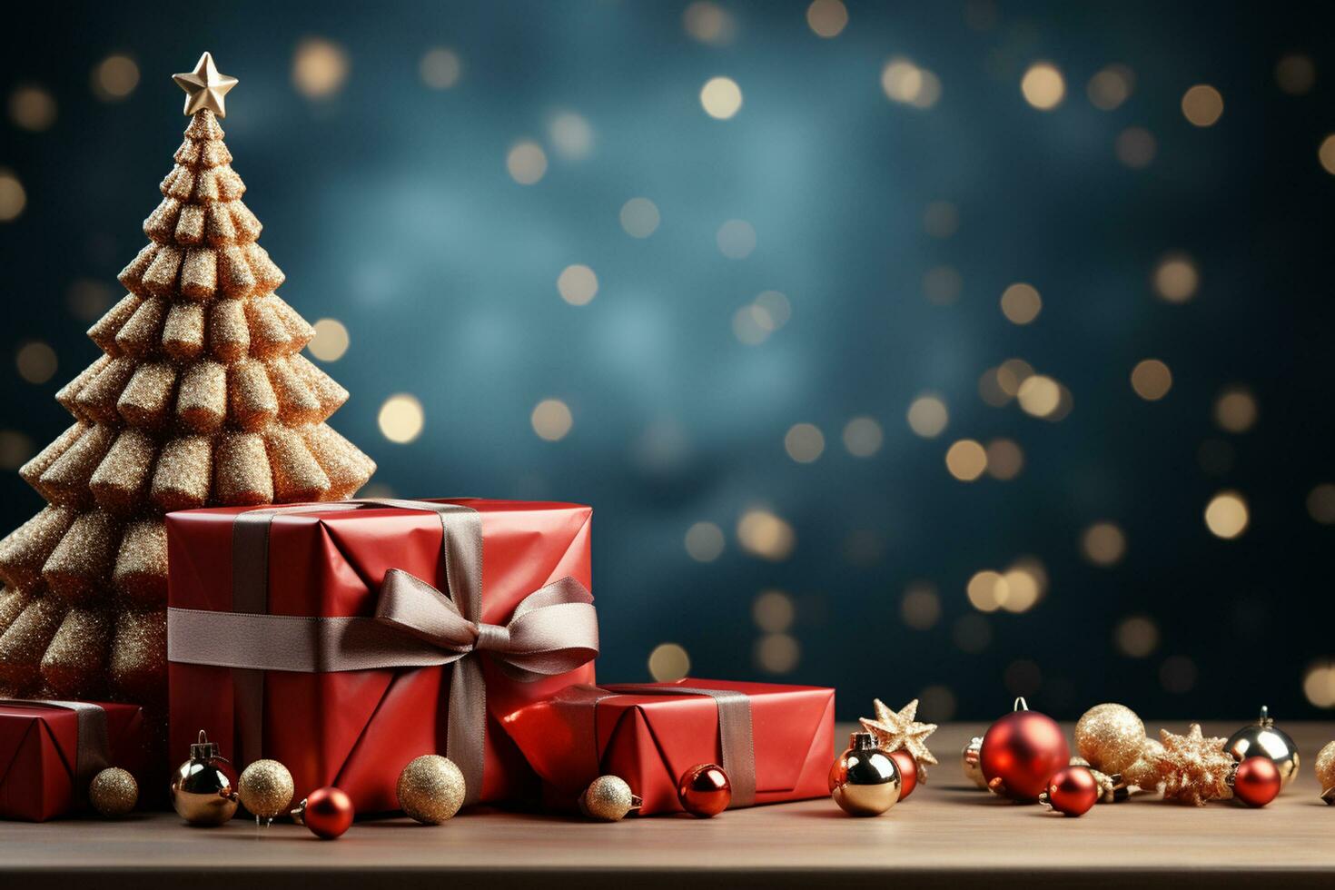 Ai Generative Background of christmas tree and red gift box on a christmas empty background with copy space photo