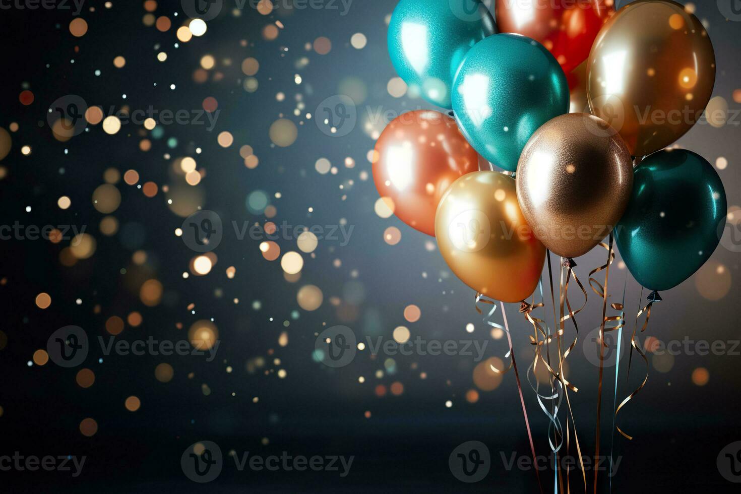 Colorful balloons on black background. Generative AI. photo