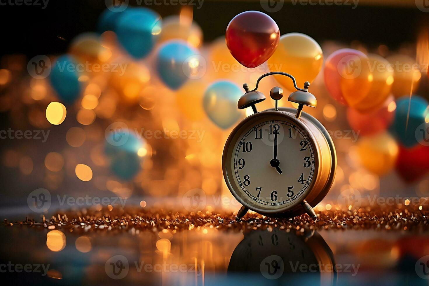 Alarm clock at midnight and balloons. Generative AI. photo